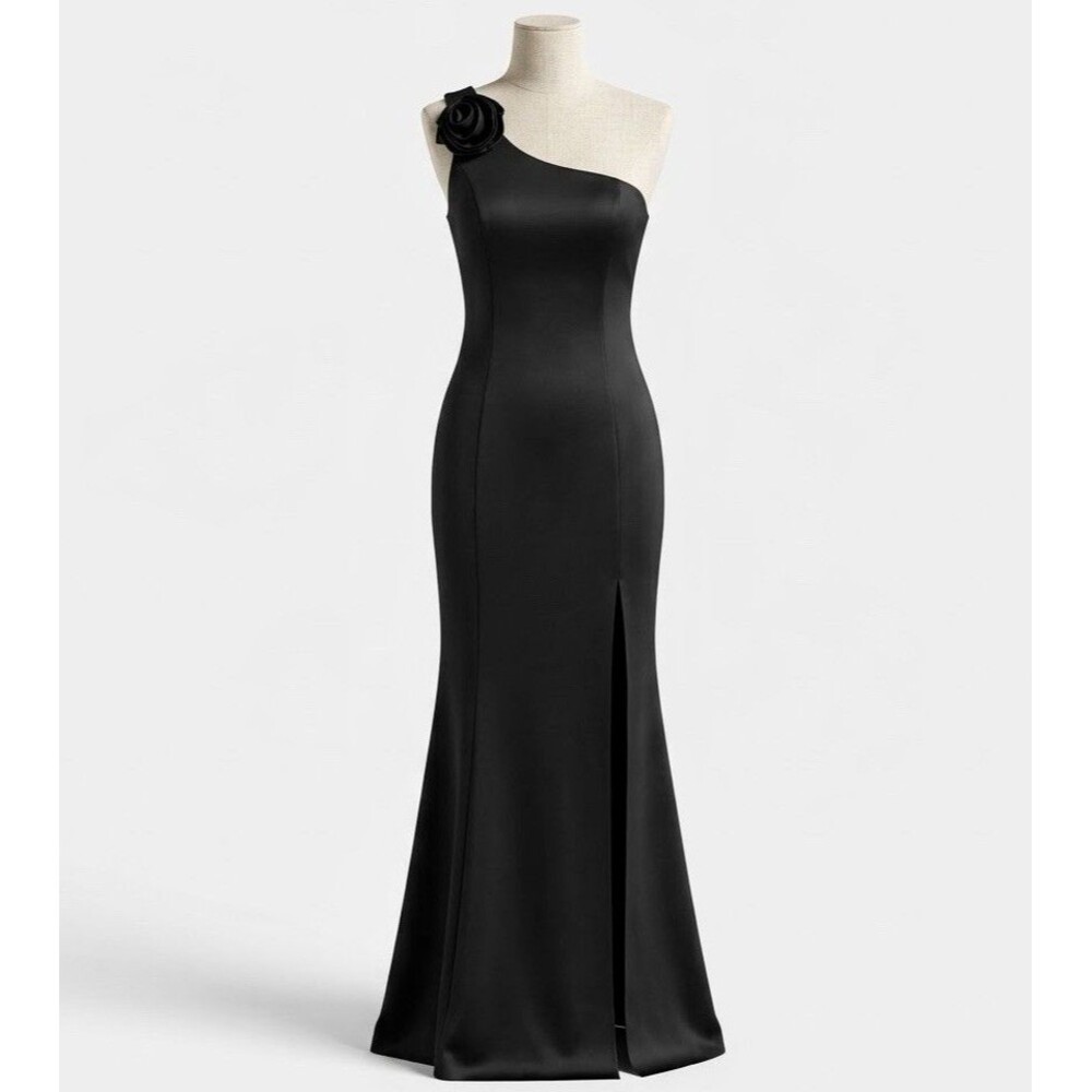 NWT Formal Black One Shoulder Rosette Gown Cocktail Dress Black Tie Gala XL LBD
